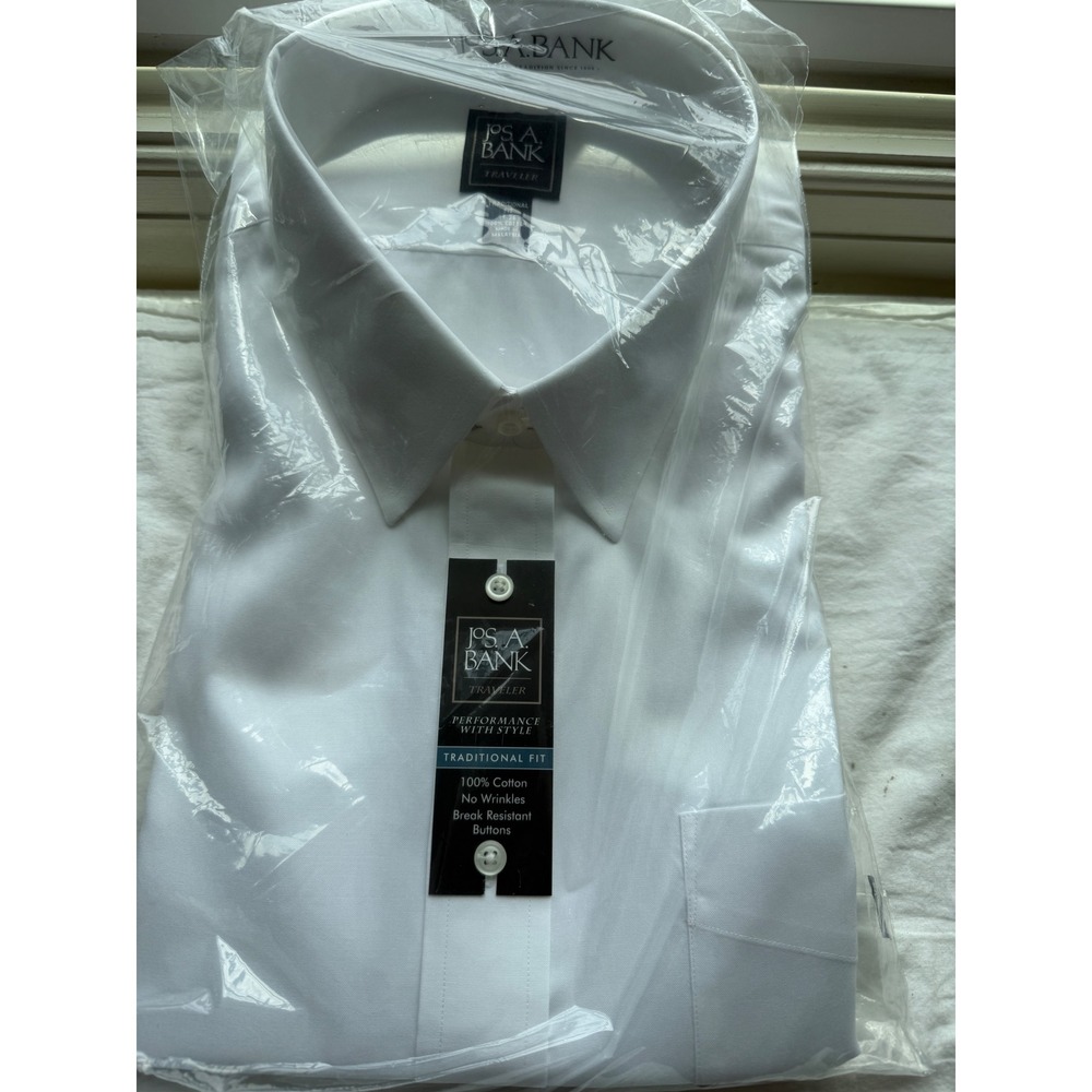 Jos A Bank‎ Traveler Dress Shirt Mens 19 36 White Trad Fit Wrinkle Free NEW